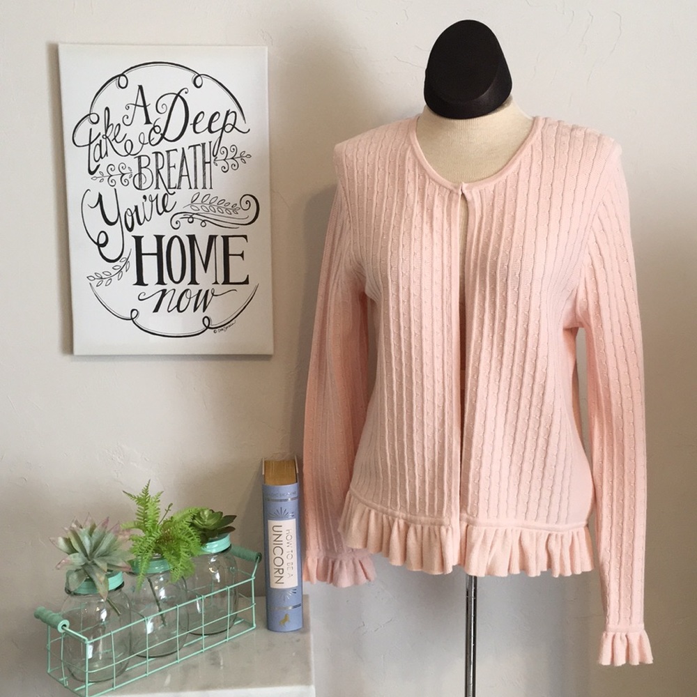 Open front peach ruffled cardigan